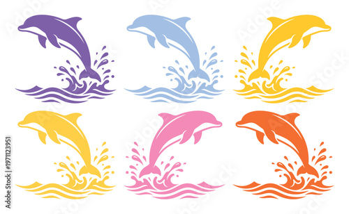 躍動感あふれるイルカのベクターイラストセット、水しぶきを上げてジャンプするカラフルな海生哺乳類、水族館や海洋生物デザインに最適な6種類のシルエットコレクション