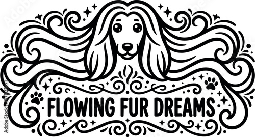 Flowing fur dreams with long haired dog face and decorative swirls black and white vector art