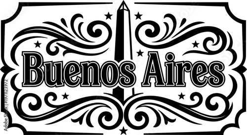 Black and white decorative buenos aires text with obelisk and swirl accents