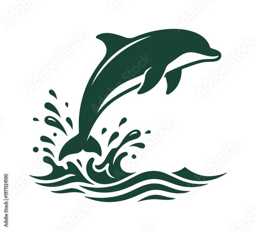 力強く跳ねるイルカのベクターイラスト、水しぶきと波が躍動感を表現。海洋生物の美しさを捉えた、ロゴやアイコンに最適なデザイン素材。