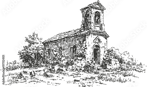 Old abandoned stone church ruins with bell tower surrounded by grass and bushes illustration