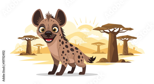 Smiling spotted hyena stands in a vast savannah landscape featuring baobab trees and distant hills under a warm golden sunset.