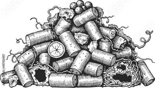 Pile of detailed hand drawn tree branches and hollow wood logs with bark and twigs