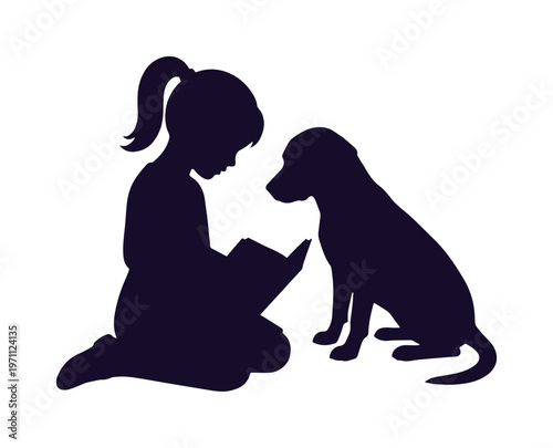 読書する少女と犬のシルエットイラスト、子供とペットの絆を表現した心温まるベクター素材、教育や友情のコンセプトに最適なグラフィックリソース