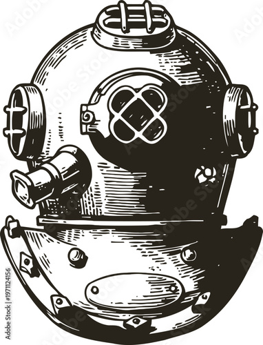 Vintage deep sea diving helmet illustration old nautical equipment for underwater exploration and diving history