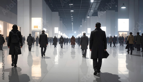 Vast, modern interior with a sea of people walking away towards the light