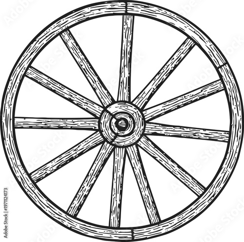 Vintage wooden wagon wheel with detailed spokes and textured rim in black and white drawing