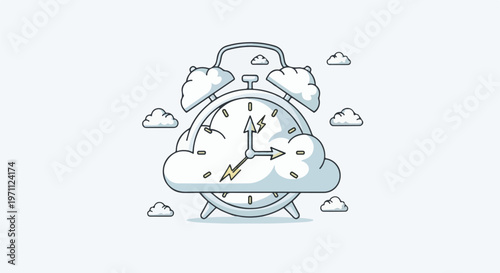 Whimsical alarm clock with lightning bolts emerges from soft clouds