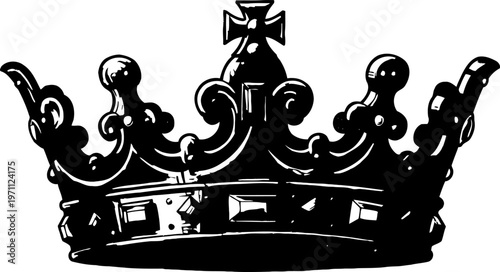 Black ornate royal crown with fleur de lis and crosses, vintage monarch headpiece illustration