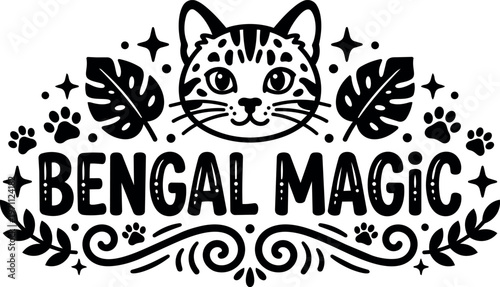 Bengal magic lettering with cat face paw prints and leaves vector art