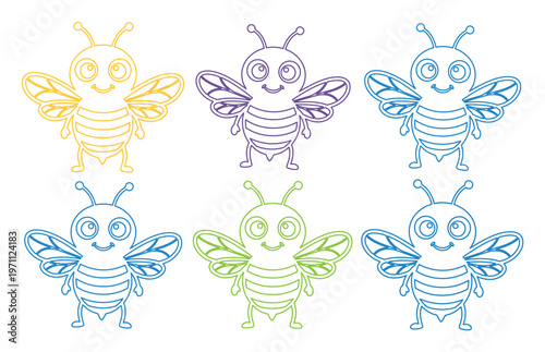 かわいいミツバチの線画イラストセット、カラフルなハチのキャラクターコレクション、子供向けデザインや教育素材に最適なベクター素材