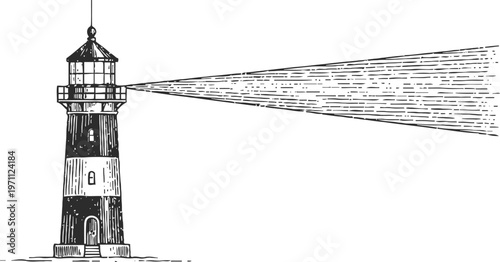 Black and white hand drawn lighthouse with bright beam light shining for navigation and safety guidance