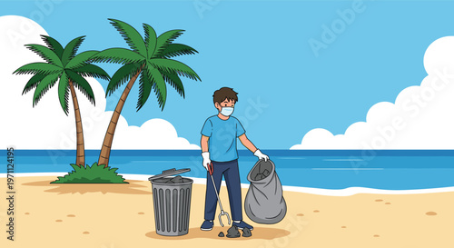 Environmentally conscious man wearing a mask picks up litter on a tropical beach with palm trees to keep the ocean clean.