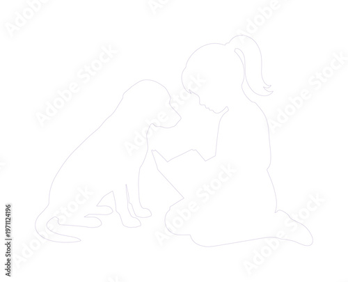 子供と犬のシルエット、友情と絆を象徴するシンプルなベクターイラスト、ペットとの触れ合い、家族の愛情表現に最適なデザイン素材