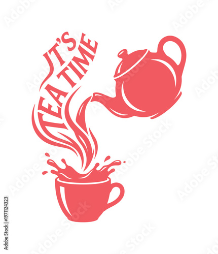 JT'S TEA TIME、温かいお茶が注がれるティーポットとカップのイラスト、カフェや喫茶店向けのレトロなモノクロベクターロゴ、リラックスタイムを象徴するデザイン素材