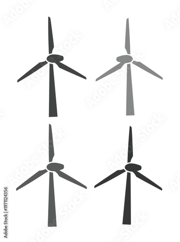 風力タービンと風車発電のベクターアイコンセット、再生可能エネルギーとクリーンな電力供給を象徴するエコフレンドリーなデザイン素材、環境保護と持続可能な未来のためのイラストレーション