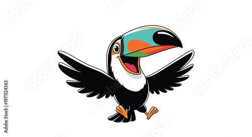 Cheerful cartoon toucan with colorful orange and blue beak and black feathers stands happily on a clean white background.