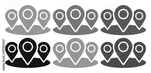モノクロの地図ピンアイコンセット、位置情報とナビゲーションを示すシンプルなベクターイラスト、ウェブサイトやアプリのUIデザインに最適なグラフィックリソース