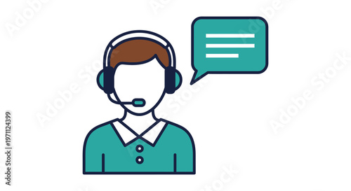 Vector graphic illustration of customer service representative with a headset and speech bubble
