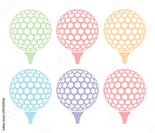 カラフルなゴルフボールとティーのベクターイラストセット、パステルカラーのディンプルデザインが特徴のゴルフアイコンコレクション、スポーツイベントやレジャー活動のグラフィック素材