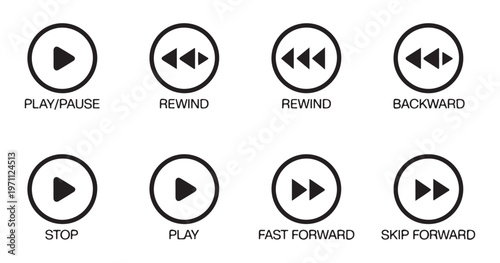 Set of eight circular media player icons with text labels play pause rewind fast forward skip backward stop.