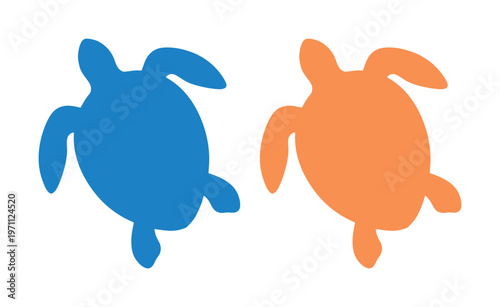 シンプルで可愛らしいウミガメのシルエット、青とオレンジの2匹の亀が泳ぐ姿を表現したベクターイラスト素材。水生生物、海洋生物のアイコンやロゴデザインに最適。