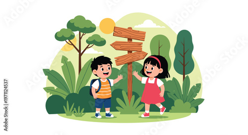 Two young explorers a boy and a girl stand by a wooden directional signpost in a lush green forest on a sunny day.