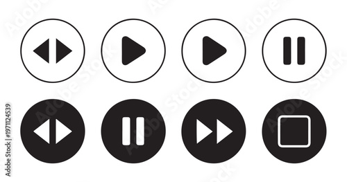 Compilation of media player circular symbols for play, pause, fast forward, and stop in white and black versions.