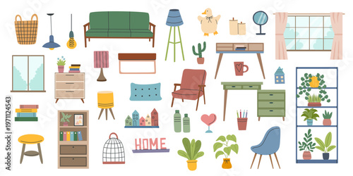Interior furniture and decor elements set in flat style isolated on white background. Collection of vector cliparts.