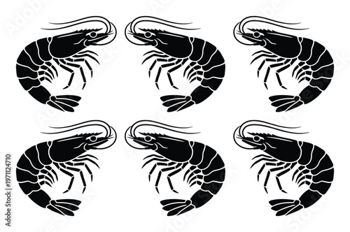 6匹の黒いエビのベクターイラスト、シンプルでモダンなエビのシルエットアイコンセット、シーフードレストランや水産加工品のロゴデザインに最適な甲殻類のグラフィック素材