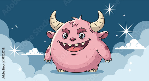 Friendly pink monster with horns and a big smile floats happily among soft white clouds and shining stars in a dark blue sky.