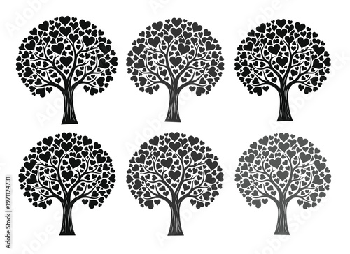 愛の象徴、ハートの葉が茂る木々、ロマンチックなデザイン要素のモノクロベクターイラストセット。結婚式やバレンタインデーに最適な心温まるシンボル。
