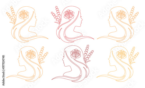 優雅な女性の横顔と花々、繊細な線画で描かれた美しさと自然の調和。美容、ファッション、ウェルネス関連デザインに最適なベクター素材。