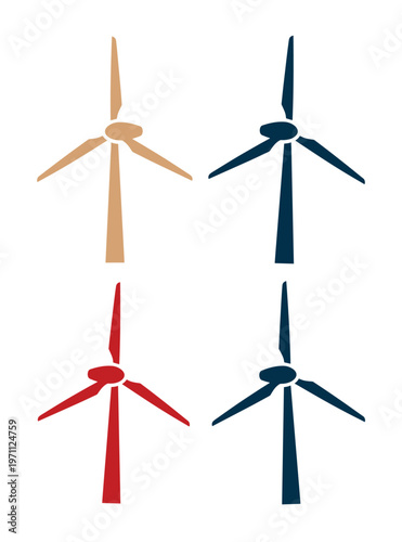 風力タービンと風車、再生可能エネルギーのシンボル、環境に優しい電力生産のベクターアイコンセット、持続可能な未来のためのクリーンエネルギーソリューション。