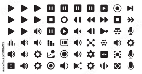 Collection of universal multimedia player icons including play pause stop next previous fast forward rewind and volume controls.