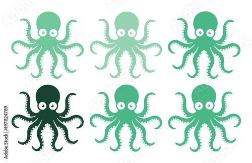 6匹の愛らしいタコ、様々な緑色のグラデーションで表現された海洋生物のベクターイラストセット。水中の世界や海の生き物をテーマにしたデザインプロジェクトに最適。