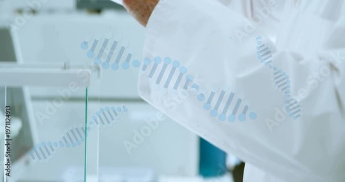 Senior scientist placing sample on balance in lab, DNA helix overlay guiding inspection for testing