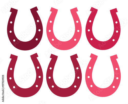 幸運のシンボル、赤とピンクの馬蹄形ベクターセット。開運招福を願うお守りや装飾に最適な、6つの異なる色合いの蹄鉄イラスト素材。