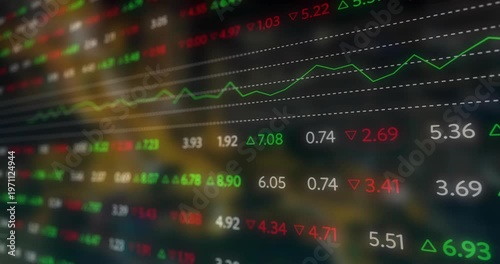 Finance panel updating from live feed tracking market moves via moving line and arrows