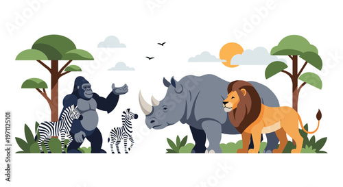 Diverse group of african wildlife including a gorilla, rhinoceros, lion, and zebras gather in a sunny savannah landscape.