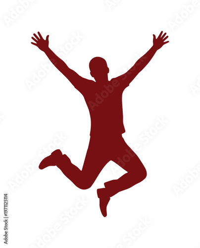 喜びを表現する躍動感あふれる男性のジャンプシルエット、成功と自由を象徴する赤いベクターイラスト、ポジティブな感情や達成感を伝えるデザイン素材