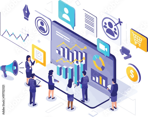 Teamwork and Data Analysis: A modern illustration shows a team of professionals gathered around a large digital display. The scene is buzzing with collaborative activity.