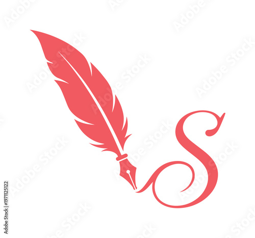 優雅な羽ペンと流れるようなS字の筆記体ロゴデザイン、クラシックで洗練された筆記具のベクターイラスト、教育や文学関連のブランディングに最適な赤いフェザーペンアイコン