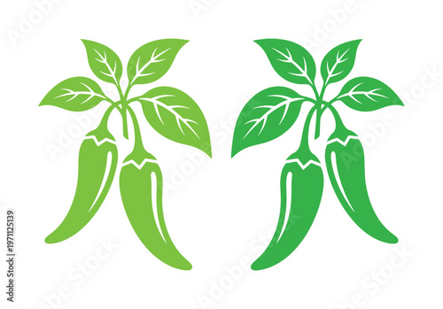 新鮮な緑の唐辛子と葉のベクターイラストセット、辛い料理やメキシコ料理のアイコン、シンプルでモダンなデザイン素材