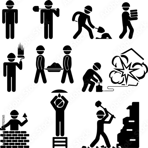 Construction worker icons set, industrial labor pictograms of builders and contractors, black stick figure vector illustrations for site safety