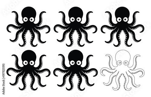 かわいいタコとイカのベクターイラストセット、海の生き物のキャラクターデザイン、水生動物のシンプルでモダンなアイコンコレクション、海洋生物のグラフィック素材