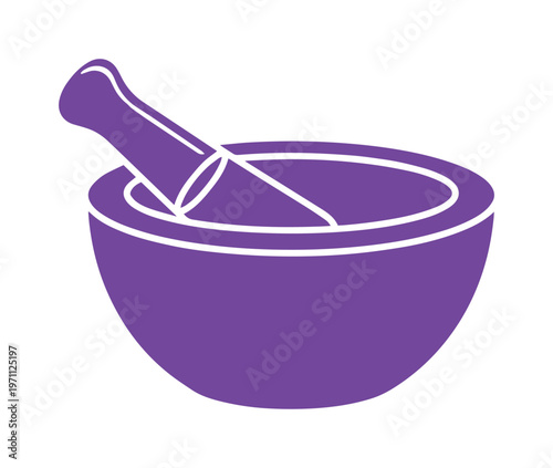 薬研と乳棒のシンプルな紫色シルエットアイコン、伝統的な医療、薬学、料理の準備を象徴するベクターイラスト、ハーブやスパイスをすり潰すための道具。