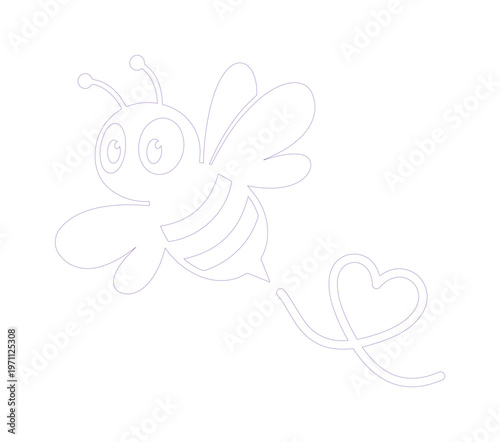 愛らしいミツバチのキャラクター、ハートの軌跡を描くキュートな蜂のイラストレーション、子供向けデザインやバレンタインデーに最適なベクター素材