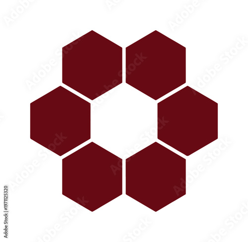 幾何学的な六角形デザイン、中心を取り囲む6つのマルーン色の六角形、シンプルでモダンな抽象的ベクターロゴ、ビジネスやテクノロジーのアイコンに最適なグラフィックリソース