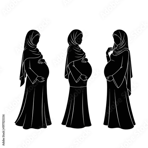 Pregnant Muslim Women in Hijab Silhouettes.